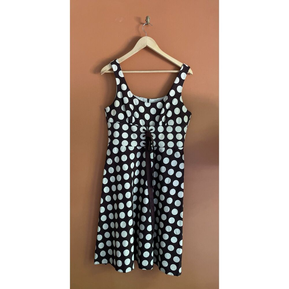 Donna Ricco retro Size 14 Brown White Polka Dot Fit Flare Dress Corset Waist 70s
